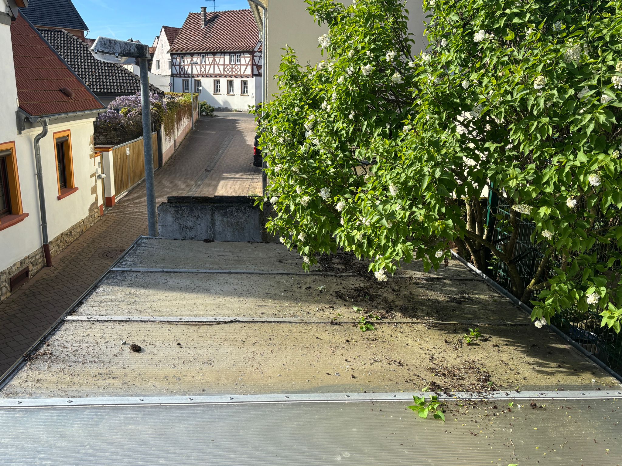Carport-Glasdach aus Polycarbonat-Stegplatten vor der Reinigung, Erde und Laub
